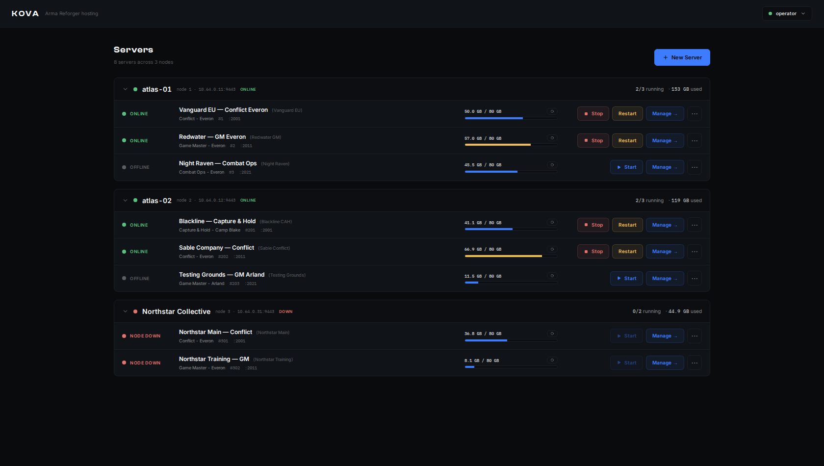 KOVA panel — server switcher