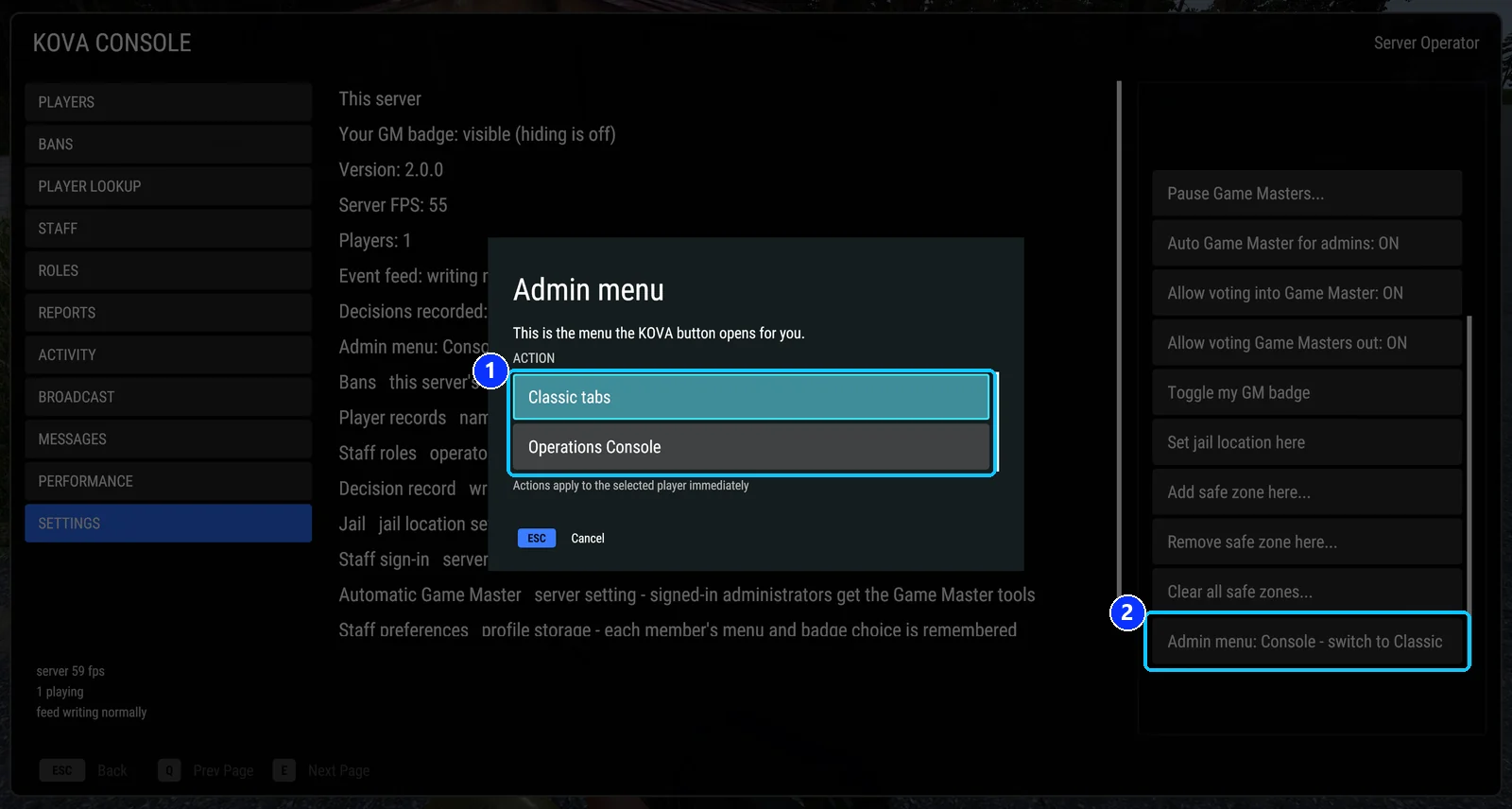 The Admin menu choice on the Settings page