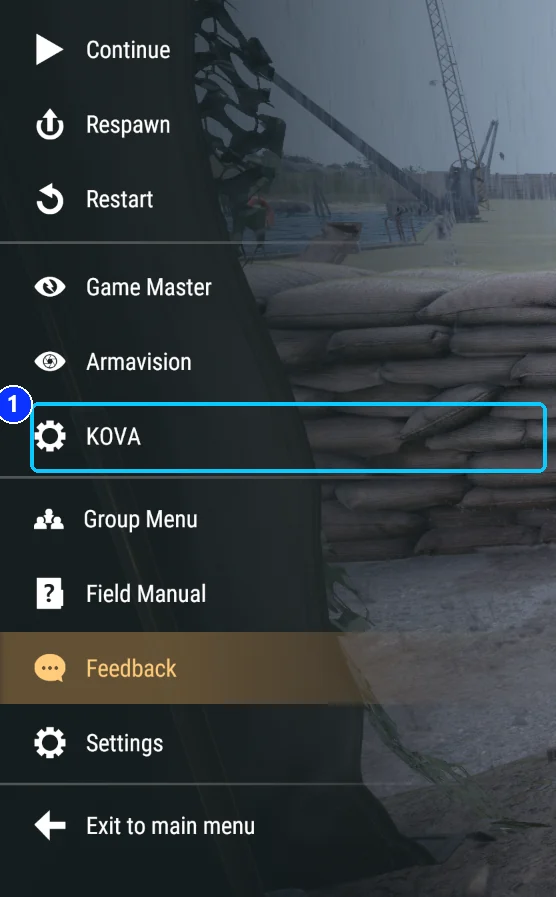 The pause menu with the KOVA button highlighted