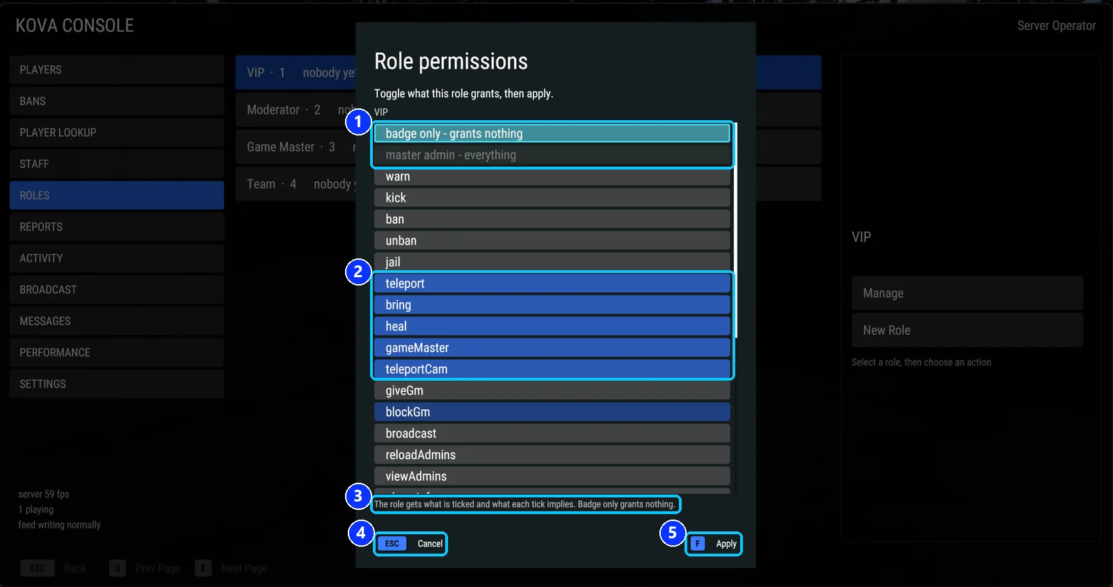 The permissions step of the role editor