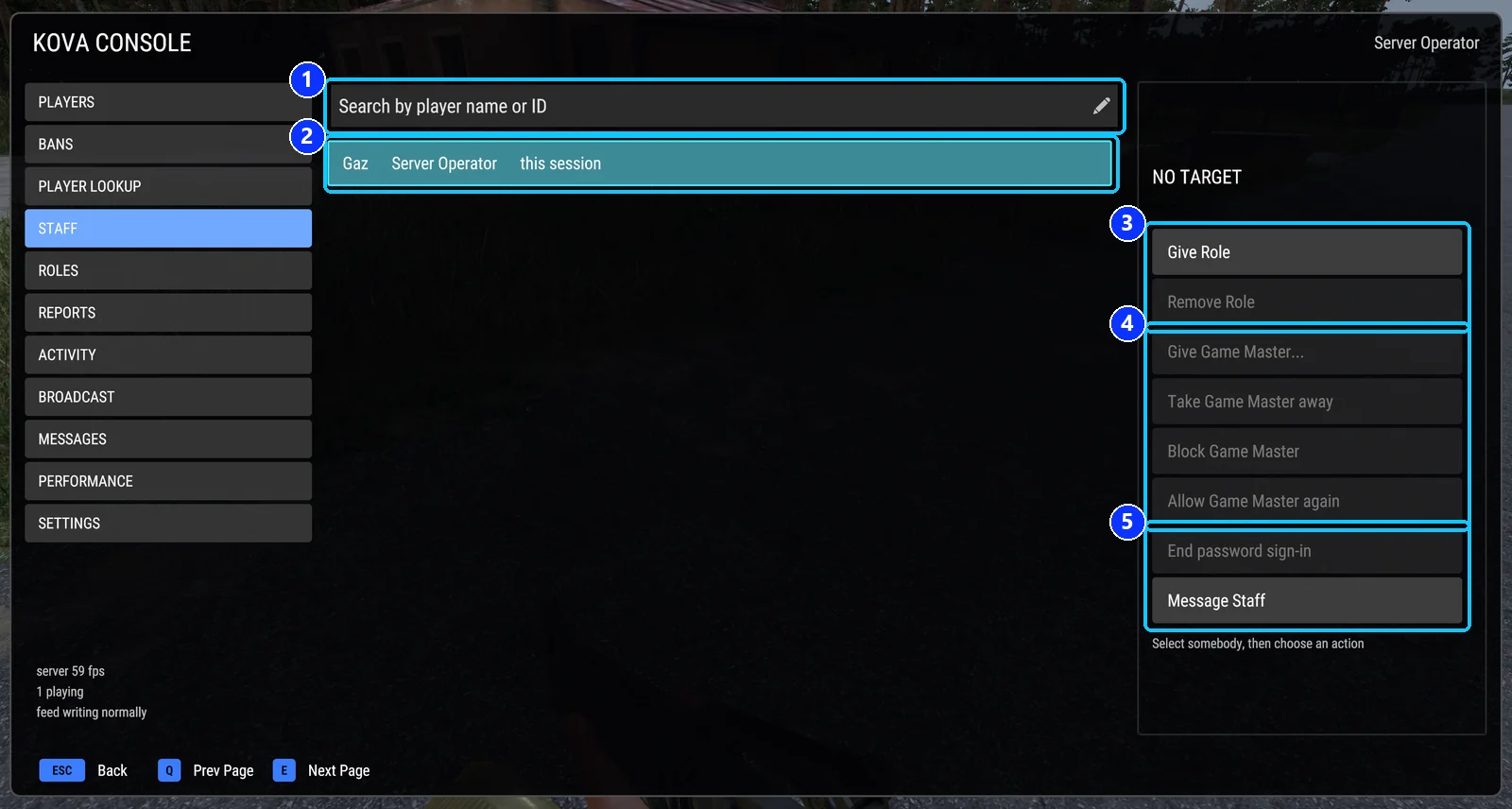 The Staff page with the Game Master buttons